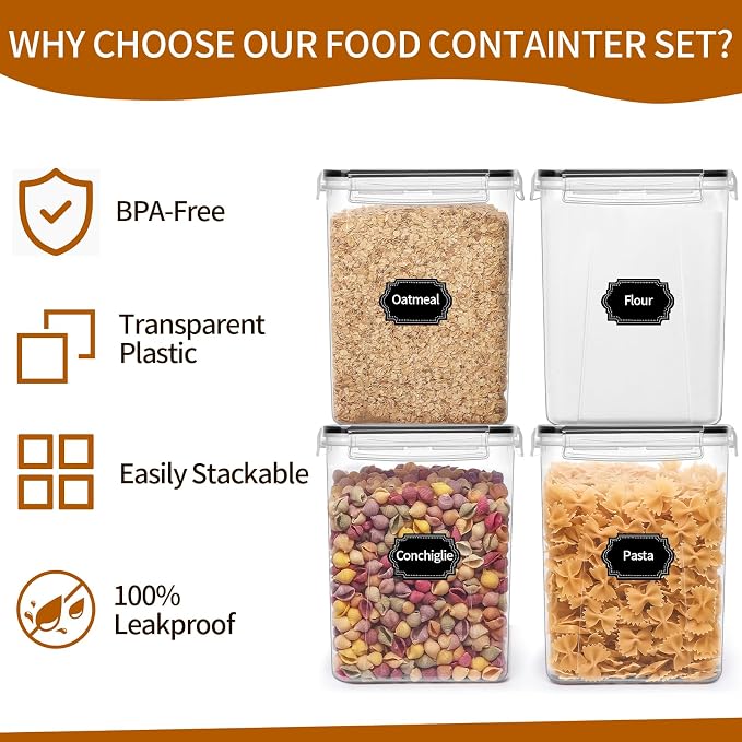 HKJ Chef 4 Pack Large Airtight Food Storage Containers with Lids (5.2L / 176oz), BPA Free Plastic Kitchen and Pantry Organization Contianers for Cereal Flour and Sugar Storage, Labels & Marker