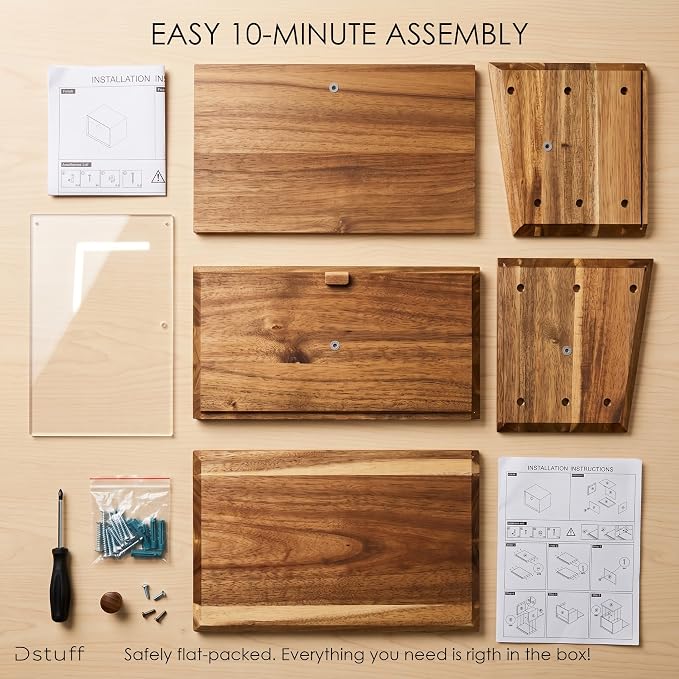 Dstuff Large Acacia Wood Bread Box for Kitchen Countertop - Minimalist Wooden Breadbox with Frameless Acrylic Window & Hidden Hinges - Farmhouse Storage Cabinet Organizer, Bread Box, Wood Box