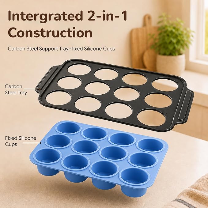 Silicone Muffin Pans for Baking, 12-Cup Muffin Tin with Metal Frame | Reinforced Metal Frame, 12-Cup Size, Easy Release Cups, Nonstick Silicone, Oven & Dishwasher Safe