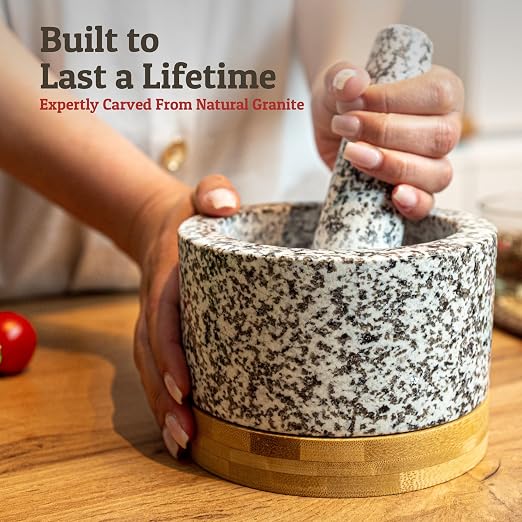 PriorityChef Heavy Duty Mortar and Pestle Set with Bamboo Base, 100% Natural Granite Stone Grinder, Guacamole Bowl and Masher, 1.5 Cups, White