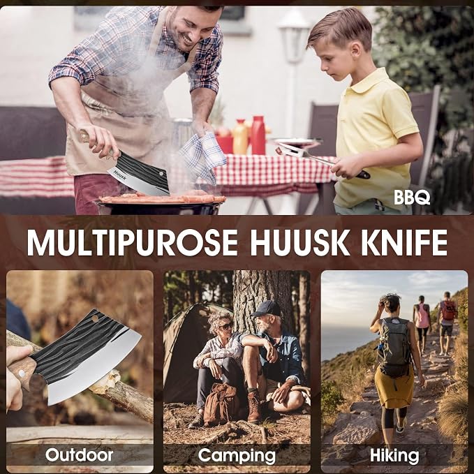 Huusk Heavy Duty Meat Cleaver with Sheath, Butcher Knife for Meat Cutting | Japanese High Carbon Steel Cleaver Knife with Ergonomic Full Tang Handle for Kitchen, Camping, BBQ, Cool Gifts for Men