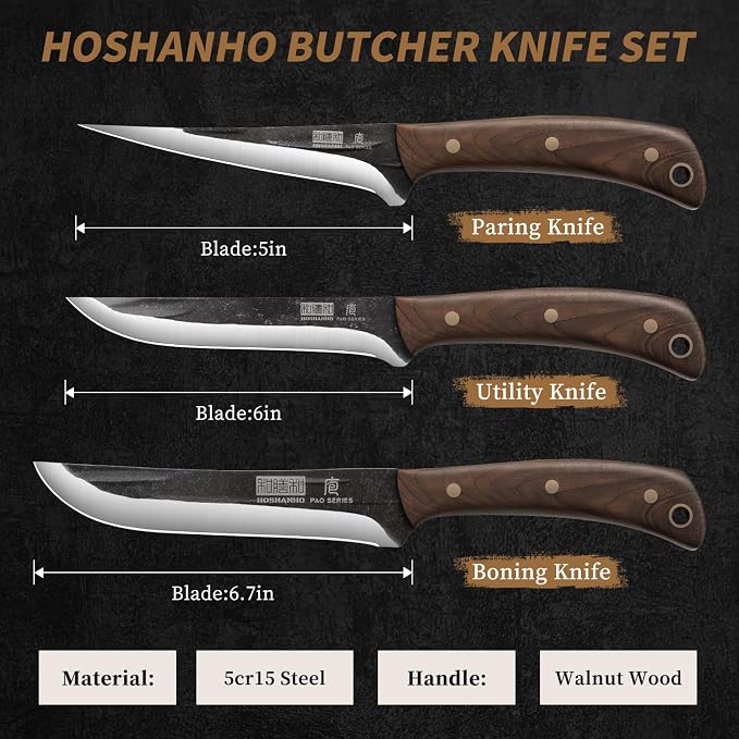 HOSHANHO Butcher Knife Set 3PCS, Sharp Fillet & Utility & Paring Knife Set | Hand Forged Kitchen Knife Set, Upgraded High Carbon Stainless Steel Meat Cutting for Home, Outdoor, Gift for Men