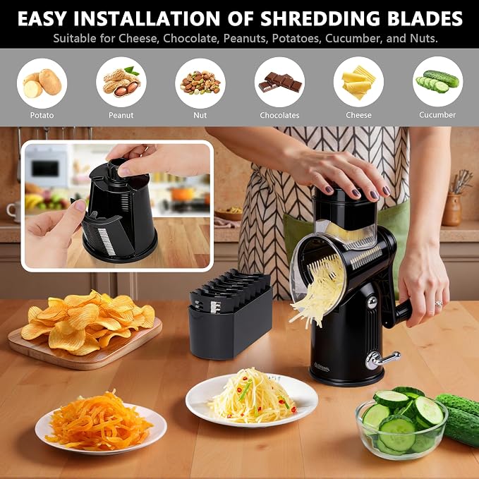 Rotary Cheese Grater with Handle, 5-Blade Cheese Shredder, BPA-Free (Black) | Cheese Grater Hand Crank Slices, Shreds & Grates – Features Strong Suction Base, Stainless-Steel Blades & Easy Clean-Up