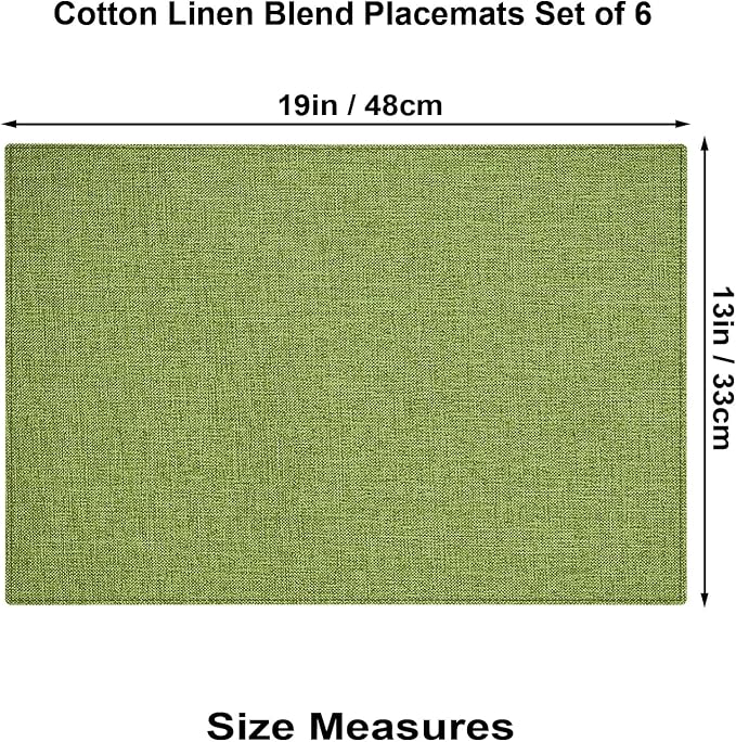 Cloth Placemats Set of 6, Cotton Linen Blend Place Mats, Grass Green | Machine Washable, Double Layered, Heat Resistant, Fabric Dining Table Mats for Kitchen, Indoor & Outdoor, 13" x 19"