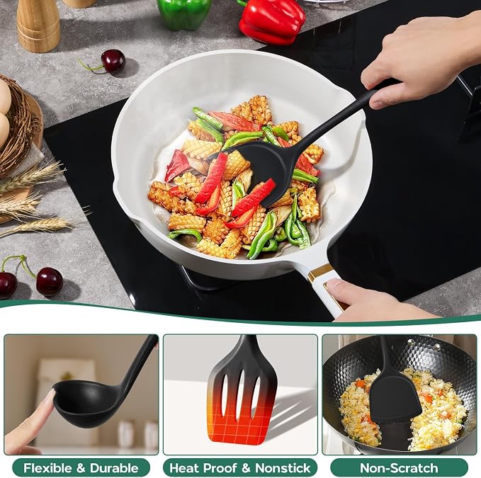 Onader Kitchen Utensils Set, 10 Pieces Black Silicone Cooking Utensils Set | Nonstick Cookware Friendly, Non Toxic & Dishwasher Safe