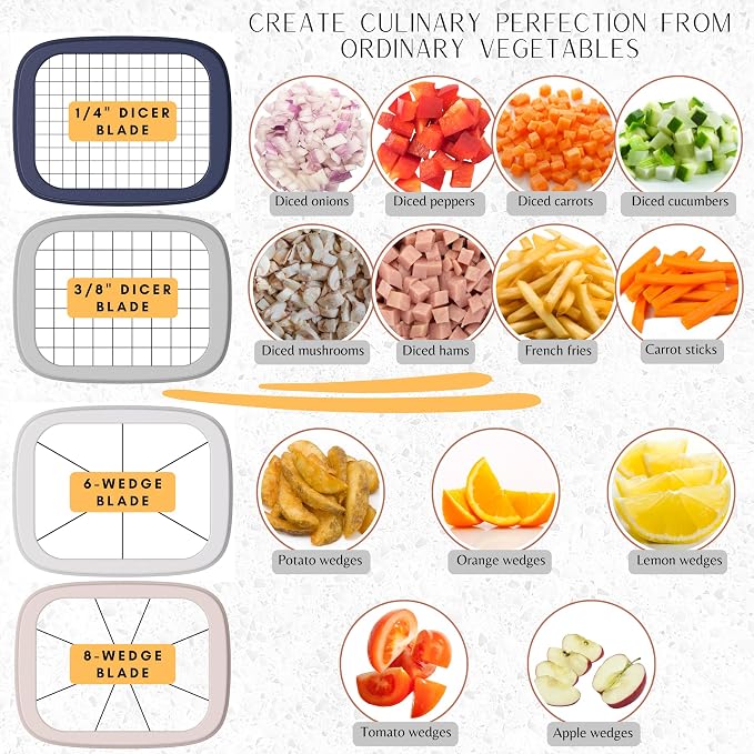 Brieftons PerfectCut Vegetable Chopper: Manual Push-Down Food Dicer & Chop Box, 4 Blades, French Fry Cutter, Potato Wedge & Veggie Cutter, No Electricity, 3.5-Cup Catch Container, 5 Recipe eBooks