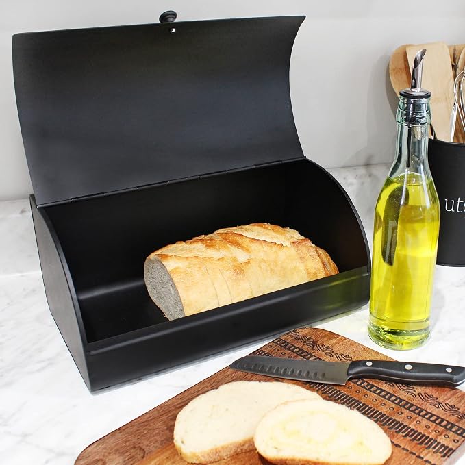 AuldHome Design Farmhouse Black Bread Box; Retro Vintage Style Enamel Countertop Bread Bin