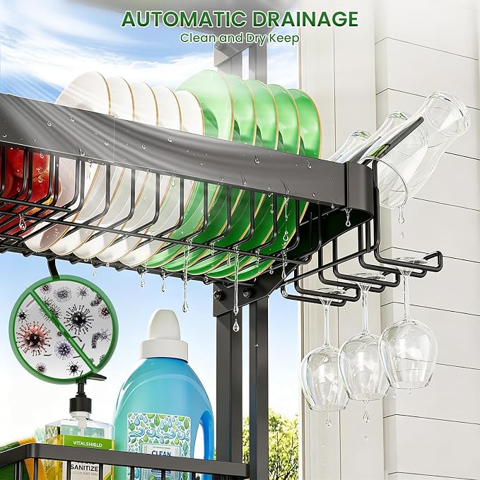 Over The Sink Dish Drying Rack, Adjustable 3 Tier Large Capacity Stainless Steel Drainer with Cutlery/Utensil/Cup Holder Hooks, Kitchen Storage & Organization, 25"-38" L x 11" W x 37.5" H, Black