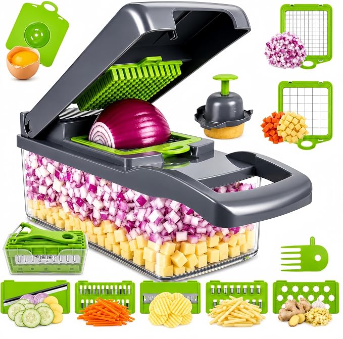 Vegetable Chopper, Onion Dicer & Mandoline Slicer with Container, black | Veggie Cutter with 8 Stainless Steel Blades & Drain Basket. Fast Food Chopper for Salad, Potato, Tomato, Cucumber & Carrot