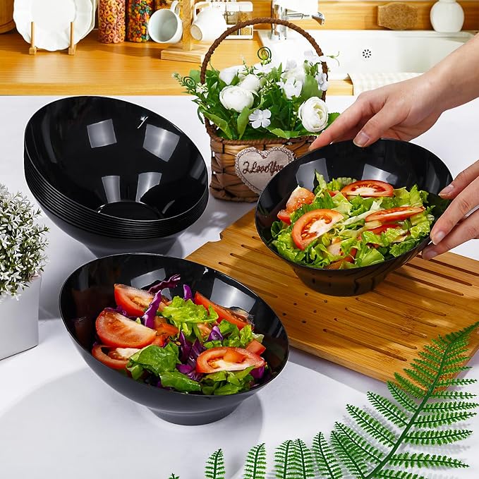 bUCLA 12 Pack Black Plastic Serving Bowls - 20 OZ Angled Bowls Disposable for Chip,Candy,Salad and Fruit - Ideal for Wedding, Party & Graduation