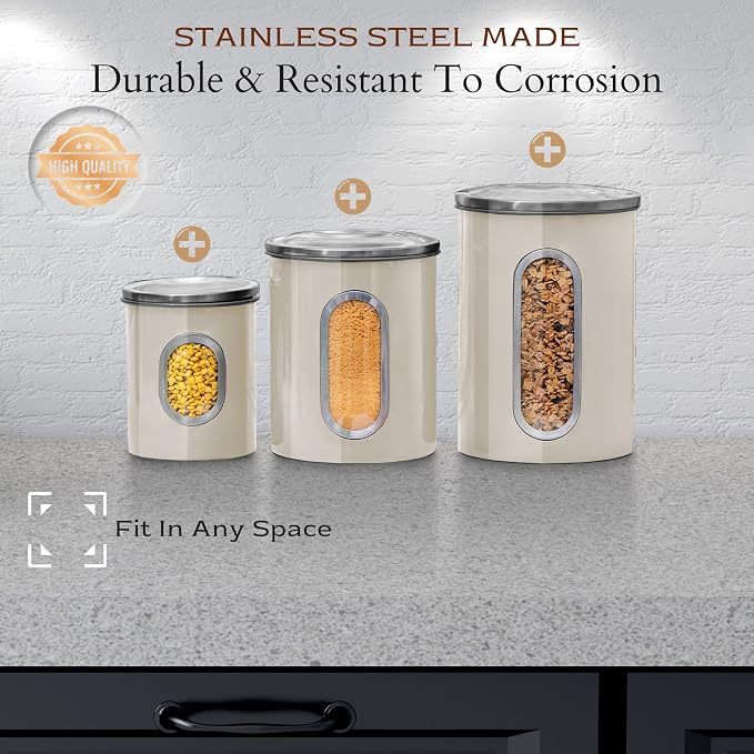 Moss & Stone 3-Pcs Beige Canisters Set for Kitchen Storage Airtight Jars | See-through window, coffee container, tea organizer, sugar canister, 3 nesting sizes, counter decor, easy press-on lids