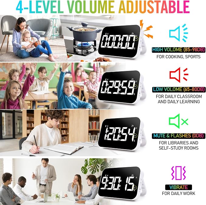Kitchen Timer for Cooking, Rechargeable Digital Magnetic Timer with Large LED Display, Loud Alarm, Sound Countdown, 4 Volume Levels and 3 Brightness for Classroom, Study (White)