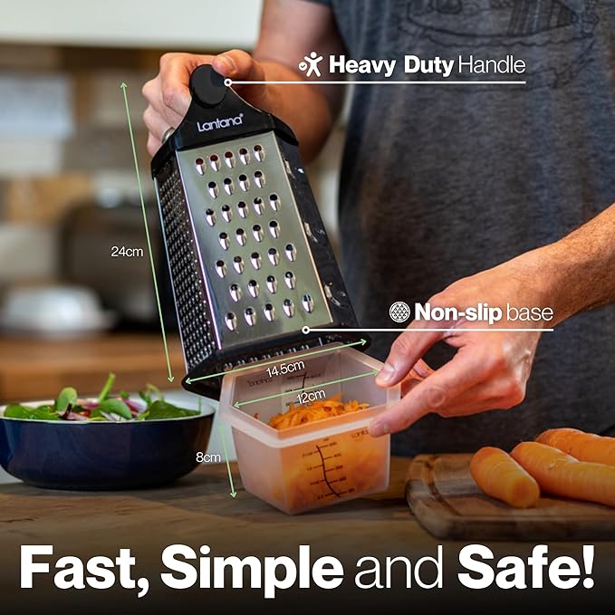 Cheese Grater with Container, Handheld Shredder, Zester (6 in 1) | 6 grating functions, coarse, medium, fine, micro, slicer blades, non-slip base, fitted measuring container with lid