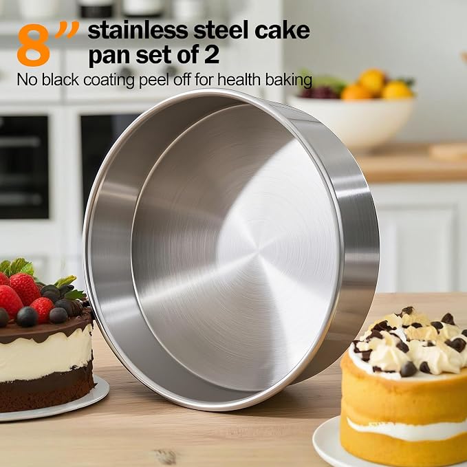 8 Inch Cake Pan Set of 2, Food-Grade Stainless Steel Round Baking Pans | No Coating Cake Pan for Layer Cakes, Heavy Duty, One-Piece Design Warp-Resistant, Non-Toxic, Dishwasher Safe