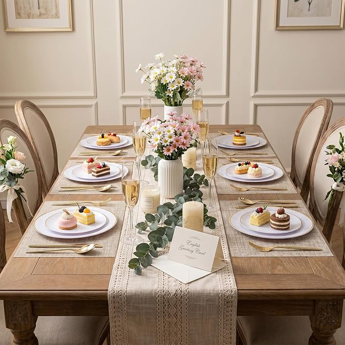 150 Gold Plastic Plates, White and Gold Disposable Plates for Party | Gold Plastic Plates ,White Plates with Gold Rim Set Include 30 Dinner Plates,30 Dessert Plates,90 Gold Cutlery for Wedding