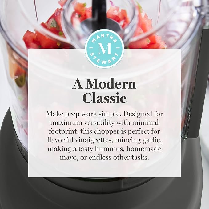 Martha Stewart 3 Cup Electric Vegetable Chopper & Mini Food Processor, Gray | 24oz BPA-Free Bowl, Stainless Steel Blades, Pour Spout, Dice, Puree, Mince, Chop Vegetables & Herbs, Dishwasher-Safe Parts