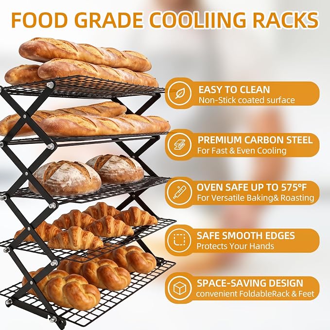 2/3/4/5-Tier Collapsible Cooling Rack with Adjustable 3 Setting Design Stackable Wire Baking Rack Cooling Racks for Cooking and Baking Roasting Cookies Pizza Gifts for Women