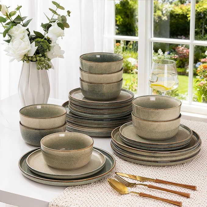 AmorArc Stoneware Dinnerware Sets for 8, 24Pcs Plates and Bowls Sets Dishes | Ceramic Round Reactive Glaze Dishes Set, Highly Scratch Resistant | Dishwasher & Microwave Safe Dishware