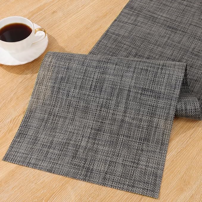 SHACOS Woven Vinyl Table Runners 12 x 54 inch Wipeable PVC Weave Table Runner Heat Resistant Runner for Dining Table Indoor Outdoor, Dark Gray