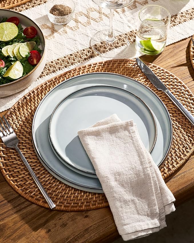 Famiware Annecy 12-Piece Stoneware Dinnerware Set, Grey Blue | Stoneware Plates and Bowls for 4, Handmade Reactive Glaze, Microwave & Dishwasher Safe, Chip & Scratch Resistant