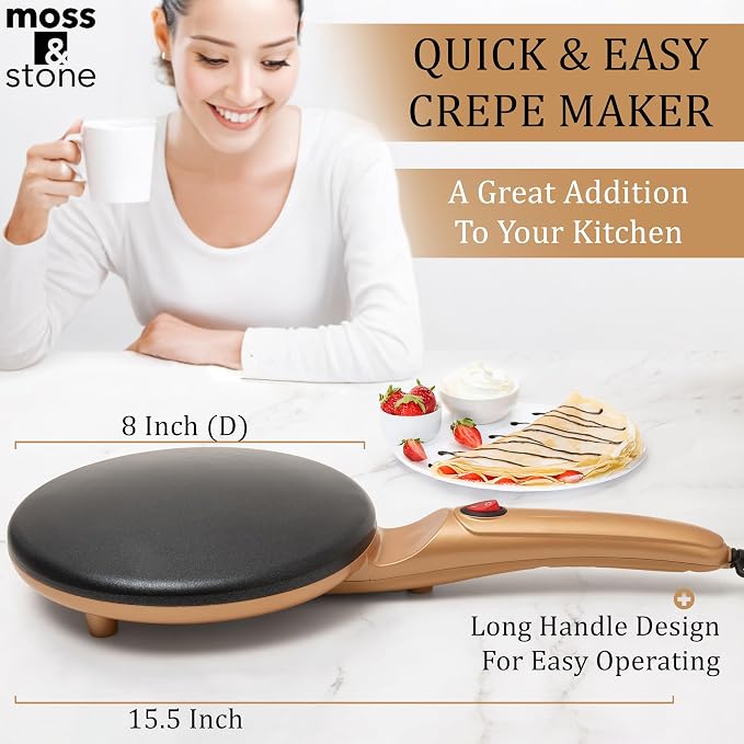Moss & Stone Gold Electric Crepe Maker, 8" Portable Nonstick Crepe Pan | Nonstick dipping plate, auto shut-off, on/off switch, even heating, automatic temperature control, compact design