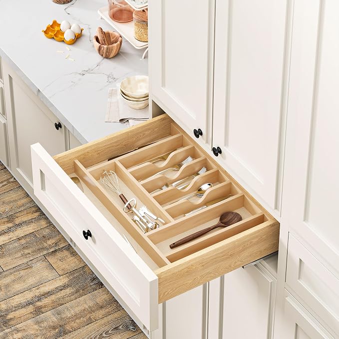 Clikuutory Natural Birch Wood Utensil Drawer Insert Organizer with 10 Compartments, Space-Saving Sturdy Drop-In Cutlery Divider Tray, Kitchen Cabinet Storage for Silverware, Spoons, Forks and Knives