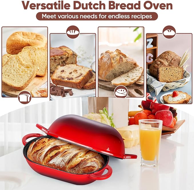 TeamFar Enameled Cast Iron Bread Loaf Pan, 2 QT Oval Dutch Oven with Lid | for Sourdough Bread Baking, Enameled Meatloaf Loaf Baking Pan with Lid, Even Heat Distribution & Self-Basting, Red