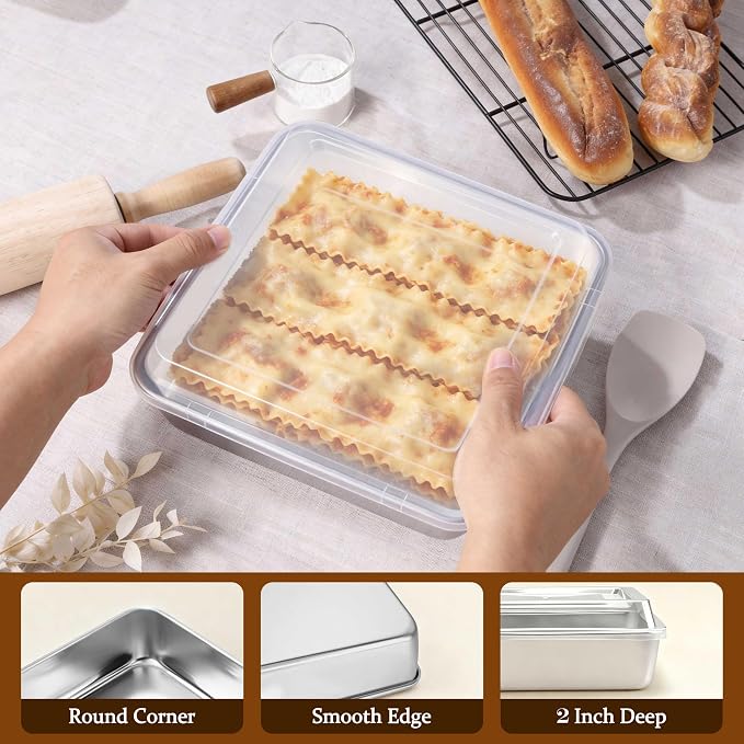 LIANYU 9 Inch Baking Pan Set with Lid, Square Cake Pan for Lasagna Brownie | Stainless Steel Commercial Deep Baking Dish Set, Oven & Dishwasher Safe Sheet Bakeware (1 Pan +1 Lid )