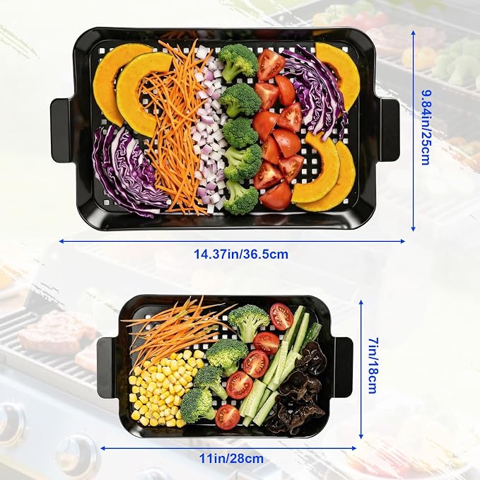 Grill Pan Set for Outdoor BBQ - 2PCS Non-Stick Enamel Grill Topper with Holes, Dishwasher Safe, Charcoal & Gas Grill Compatible (Large 14.4"x9.8" + Small 11"x7")