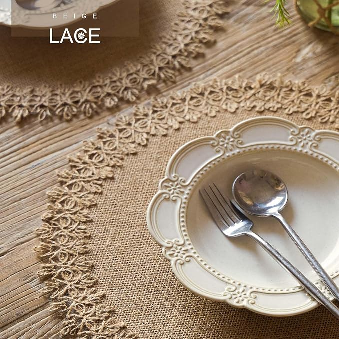 FunWheat Burlap Round Braided Placemats Set of 12 for Dining Tables 15 Inch Heat Resistant Jute Table Mats Farmhouse Woven Fabric Natural Place mats (Brown Jute Lace)