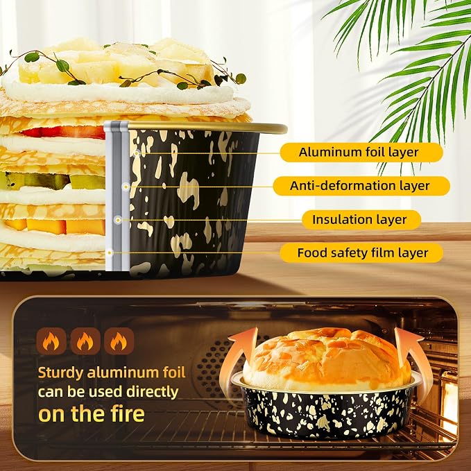 Beasea Mini Pie Pans with Lids, 120 Pack 4 Inch 7.3oz Disposable Cake Pans Aluminum Foil Pie Tart Baking Cups Tins Individual Dessert Containers Oven Dishes for Tart Cheesecake - Black Gold Speckles