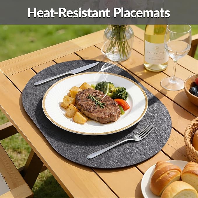 Placemats Set of 4, 11.8 x 17 Inch, Dark Grey | Heat Resistant Oval Faux Leather Place Mats, Waterproof Wipeable Reversible PU Placemat, Indoor & Outdoor