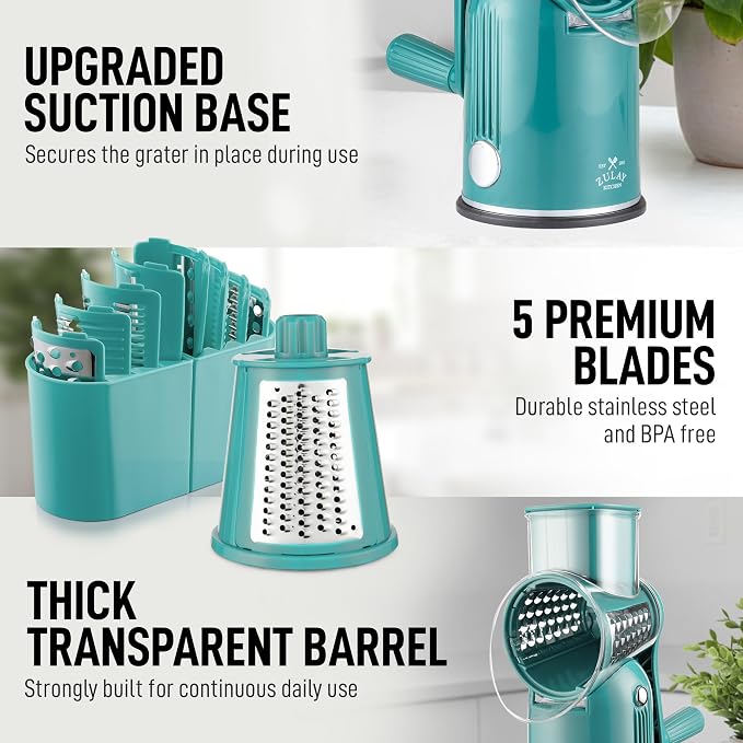 Zulay Kitchen Rotary Cheese Grater 5 Blade Cheese Shredder - Manual Hand Crank Cheese Grater With Reinforced Suction & 5 Interchangeable Drums - Easy to Use, Vegetable Chopper Round Mandoline Slicer