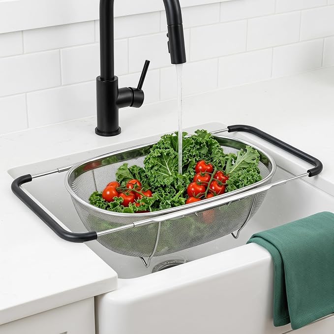 2 Pack Over the Sink Oval Colander for Kitchen, Stainless Steel Fine Mesh 6 Quart Strainer Basket with Expandable Rubber Grip Handles for Straining, Draining, Rinsing Fruits, Vegetables