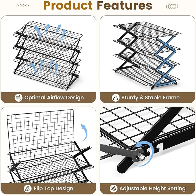 4 Tier Collapsible Cooling Rack for Baking Cookies Bread Barbecue | Include 50 Baking Papers, 4-Level Adjustable Height, 3 Setting Design, Stackable Roasting Rack, X-Shaped Structure