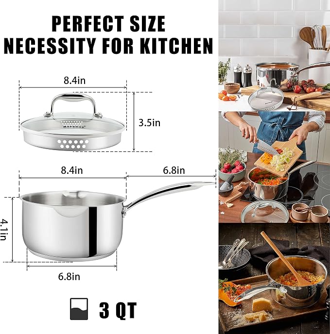 Rorence 3-Quart Saucepan with Lid: Pour and Strain Stainless Steel Sauce Pan with Pour Spouts, Capsule Bottom & Tempered Glass Lid | Pour and Strain, Pour Spouts, Capsule Bottom, Tempered Glass Lid