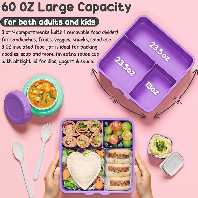 Fimibuke Bento Box for Kids Adult - Leakproof 3-4 Compartments Lunch Bento Box Set with Insulated Food Jar, Water Bottle, Lunch Bag, Sauce Cup & Cutlery for Toddler Teen Shcool Girl Boy Age 3+