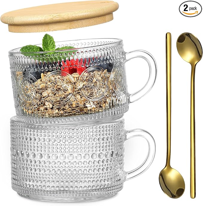 Vintage Coffee Mugs, Overnight Oats Containers with Bamboo Lids and Spoons - 14oz Clear Embossed Glass Cups, Cute Coffee Bar Accessories, Iced Coffee Glasses, Ideal for Cappuccino, Latte, 2 Pack