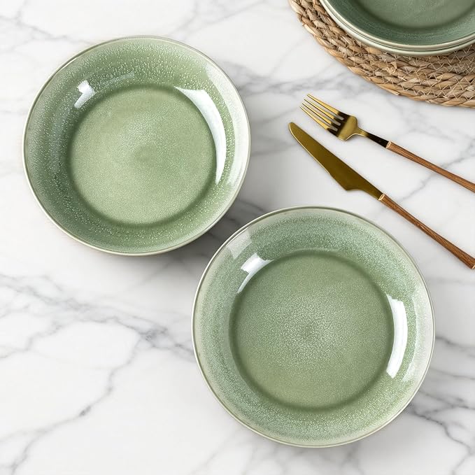 AmorArc 8.5’’ Ceramic Pasta Bowls Set of 4, 36oz Large Stoneware Bowls Set | Large Dinner Serving Bowls Set, Wide Bowl Plate for Pasta,Salad, Soup, Microwave Safe, Reactive Glaze-Olive Green