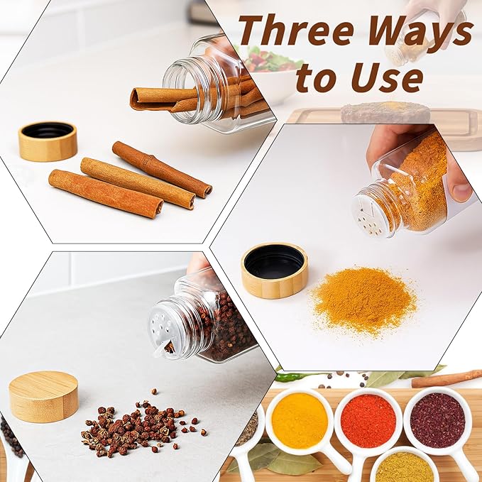 8Oz 8Pcs Glass Spice Jars with Label, Seasoning Containers, Spice Containers with Bamboo Lids & Pen, Empty Spice Bottles for Salt, Herbs, Sugar, Pepper (Natural Wood Color)