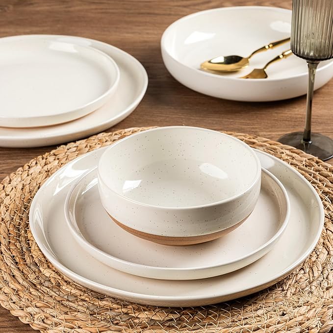 AmorArc Dinnerware Sets for 8, 32 Pieces Ceramic Plates and Bowls Set | Scratch Resistant Stoneware Dishes Set, Dishwasher & Microwave Safe, Light Beige