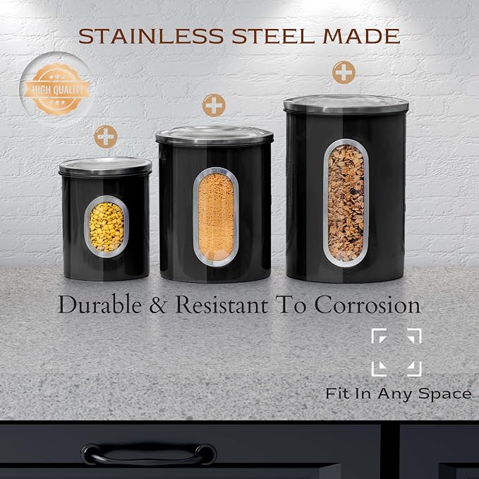 Moss & Stone 3-Pcs Black Canisters Set for Kitchen Storage Airtight Jars | See-through window, coffee container, tea organizer, sugar canister, 3 nesting sizes, counter decor, easy press-on lids