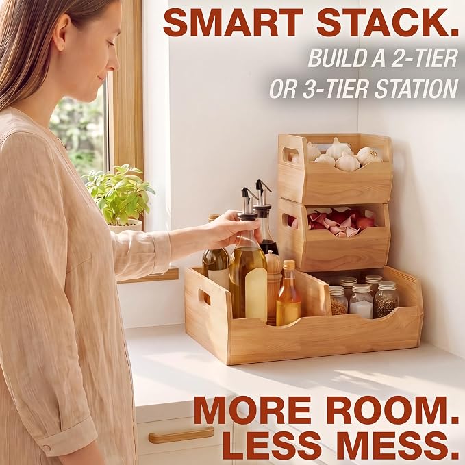 HOMESTEAD Stackable Solid Wood Storage Bins for Pantry & Countertop, Ventilated Potato and Onion Basket Organizer with Handles, Wooden Produce Storage Containers, 3 Pack, Natural Wood