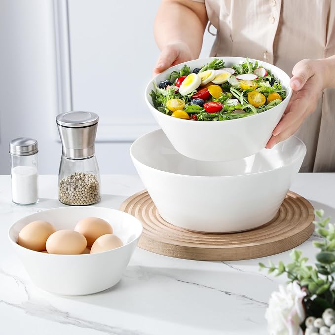 MALACASA White Serving Bowls Set of 3, Ceramic Mixing Bowl for Kitchen | 105/60/35 OZ Bowls for Family Salad, Soup, Pho and Fruit, Microwave & Dishwasher Safe, Series REGULAR