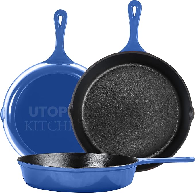 Utopia Kitchen Cast Iron Skillet Set 3 Piece 6 8 10 Inch PFAS-Free Blue | Chef Pan, Even Heat Distribution, Stovetop, Campfire and Grill Safe, Large Skillet Set, Indoor Outdoor Use