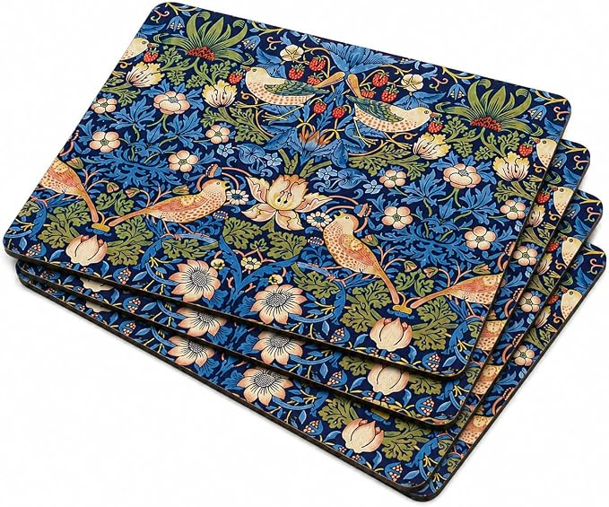 Pimpernel Morris & Co Strawberry Thief Blue Placemats, Set of 4 - Stain Resistant & Heat Safe Fabric-Feel Table Mats with Birds & Botanical Pattern for Stylish Dining & Entertaining