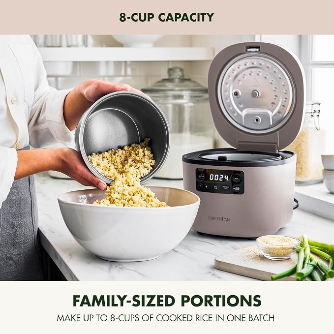 GreenPan Advanced Rice Cooker, 4-Cups Uncooked/8-Cups Cooked, Removable Nonstick Ceramic PFAS-Free Pot, White & Brown Rice, Family Sized, Quick Cook in 25mins, 6 Presets, Fuzzy Logic Tech, Clay