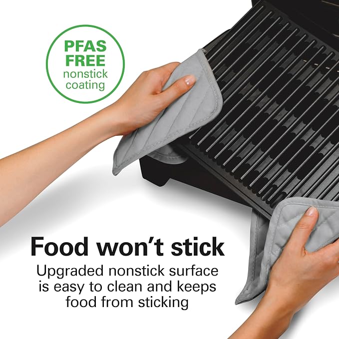 Hamilton Beach Electric Indoor Searing Grill with Adjustable Temperature Control to 450F, 118 sq. in. Surface Serves 6, PFAS-Free Removable Nonstick Grate, Stainless Steel (25360) | Adjustable Temperature Control To 450°F | 118 sq. in. PFAS-Free Remova...