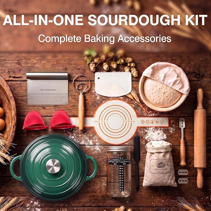 Enameled Cast Iron Dutch Oven Pot with Lid 5.5QT, Sourdough Bread Baking Supplies with Banneton Bread Proofing Basket Set & Starter Jar, Unique Dutch Oven for Bread Baking (Gradient Green)