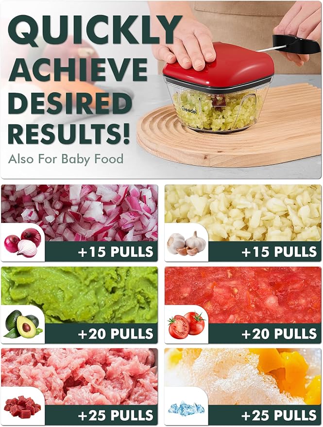 Geedel Vegetable Chopper, Manual Food Chopper with Hand Pull String, 500ml | Manual Food Processor, Sharp Stainless Steel Blade, Non-slip Base, Dishwasher Safe, No BPA, Portable, for Veggie, Fruit, Nut